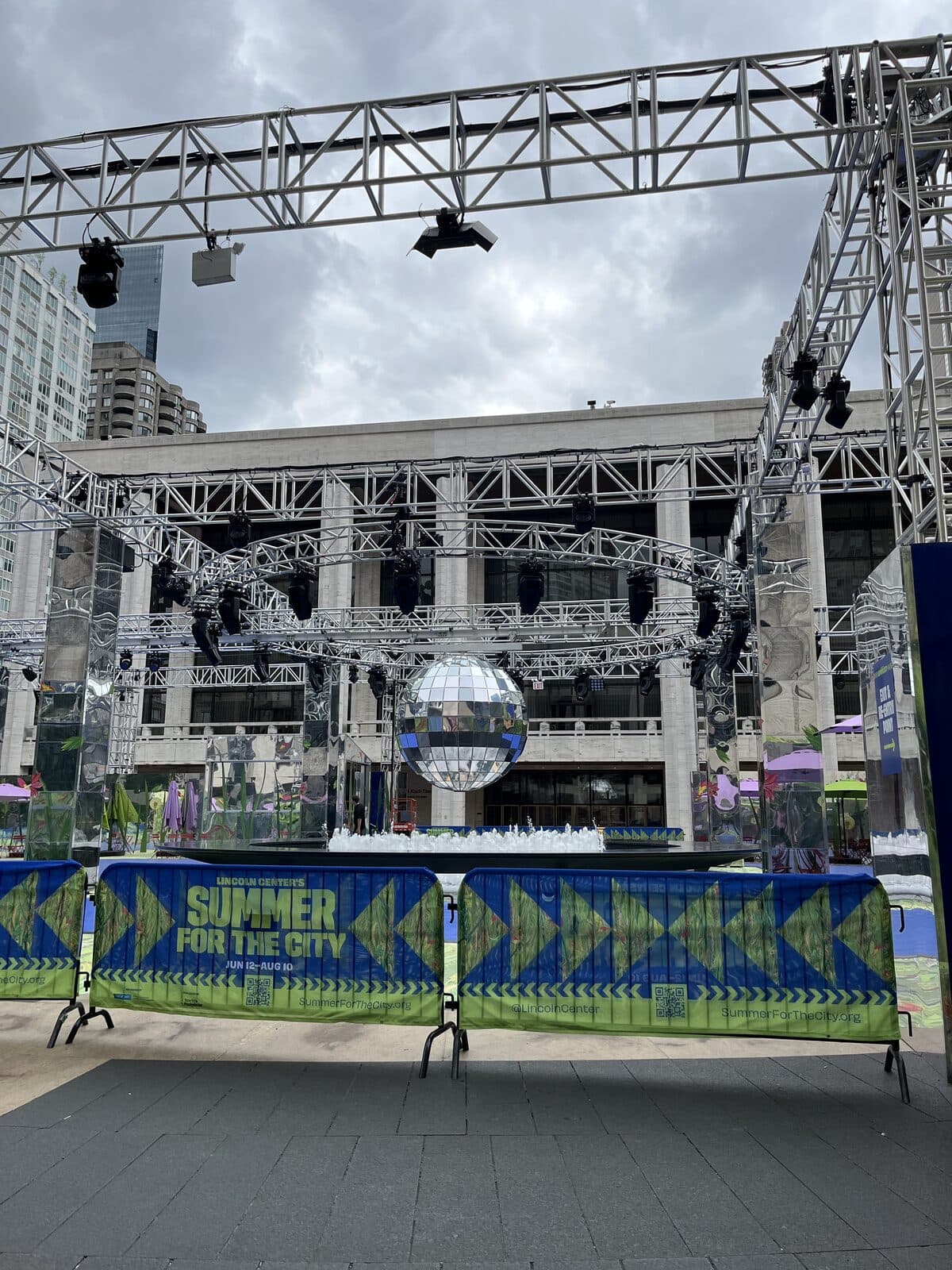 Lincoln Center's Summer for the City stage with disco ball rigging in daylight