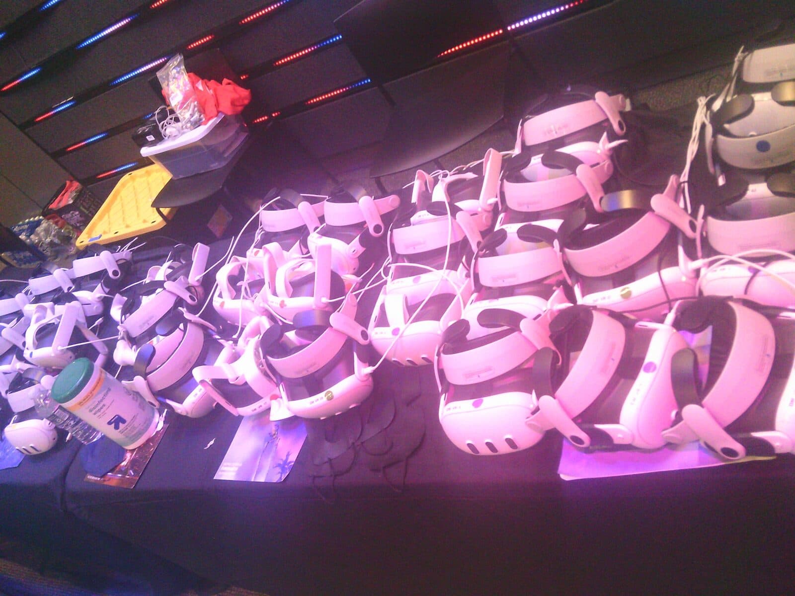 Rows of VR headsets lined up and ready for visitors